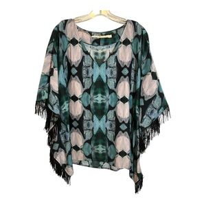 Marie Oliver Abstract Fringe Blue Pink Pullover Size Large , MSRP $268